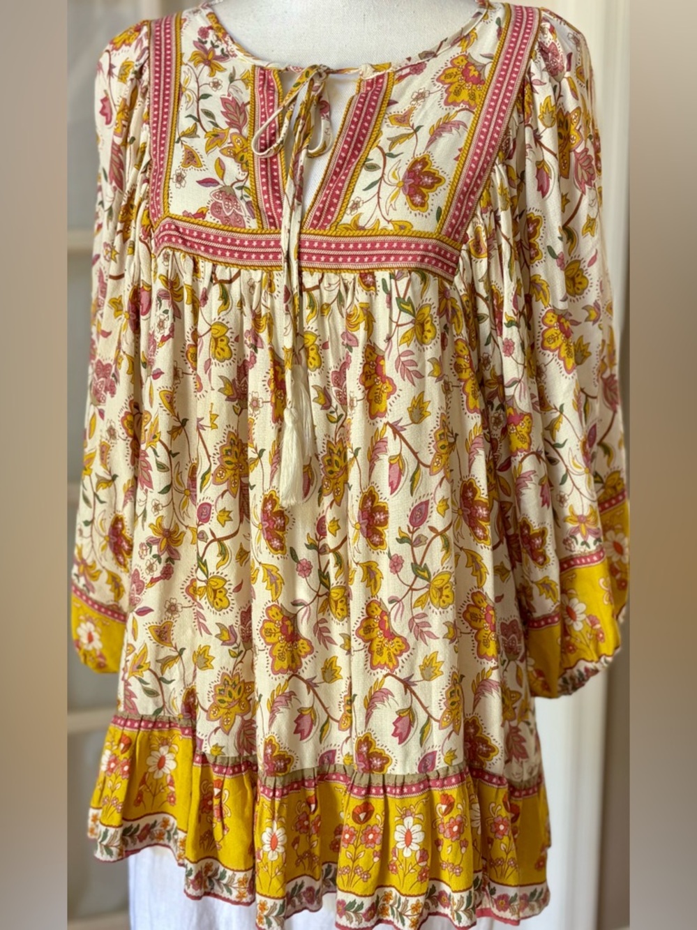 Rachel Zoe Boho Floral Peasant Blouse Tassel Tie Flowy Top S